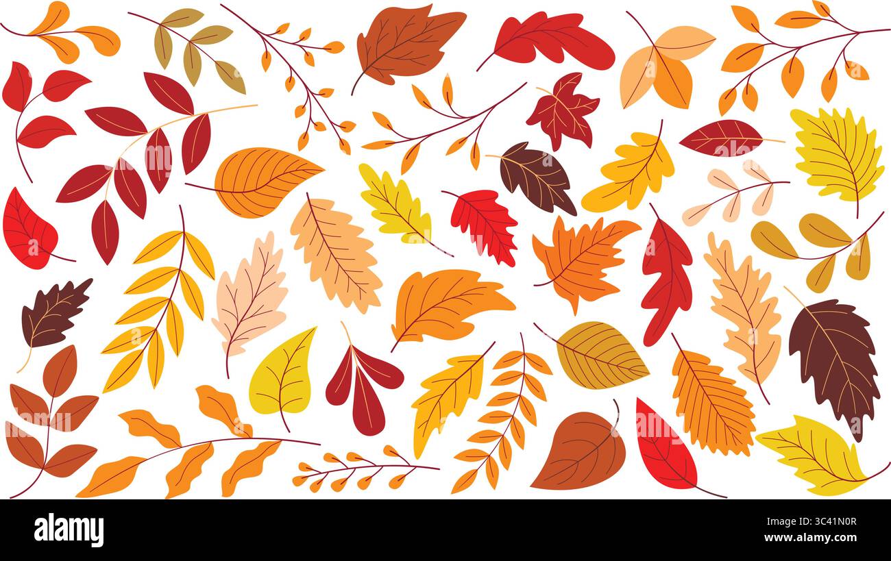 Grande set di foglie colorate autunnali. Collezione disegnata a mano di foglie e ramoscelli di alberi nei colori rosso, arancione, giallo e marrone. Caldo umore autunnale. Estetica autunnale Illustrazione Vettoriale