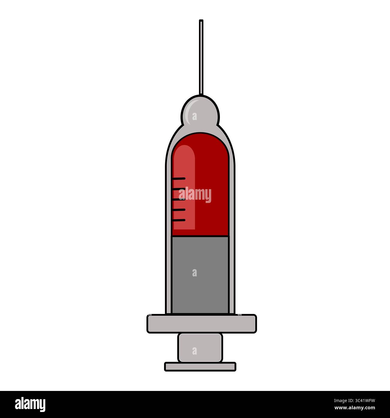 Siringa vettoriale a cartoni animati riempita con liquido rosso, dotata di un cilindro trasparente, contrassegni di misurazione, stantuffo e base grigi. Illustrazione Vettoriale