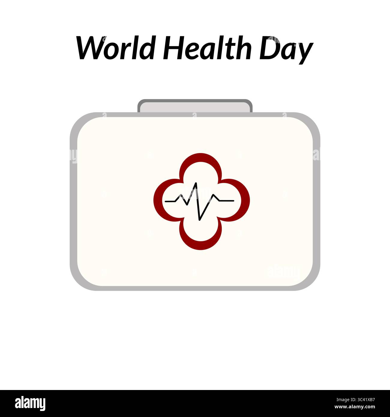 Una semplice illustrazione di un kit di pronto soccorso con una croce rossa e una linea di battito cardiaco, che simboleggia la salute e il benessere, accompagnato dal testo salute Mondiale Illustrazione Vettoriale