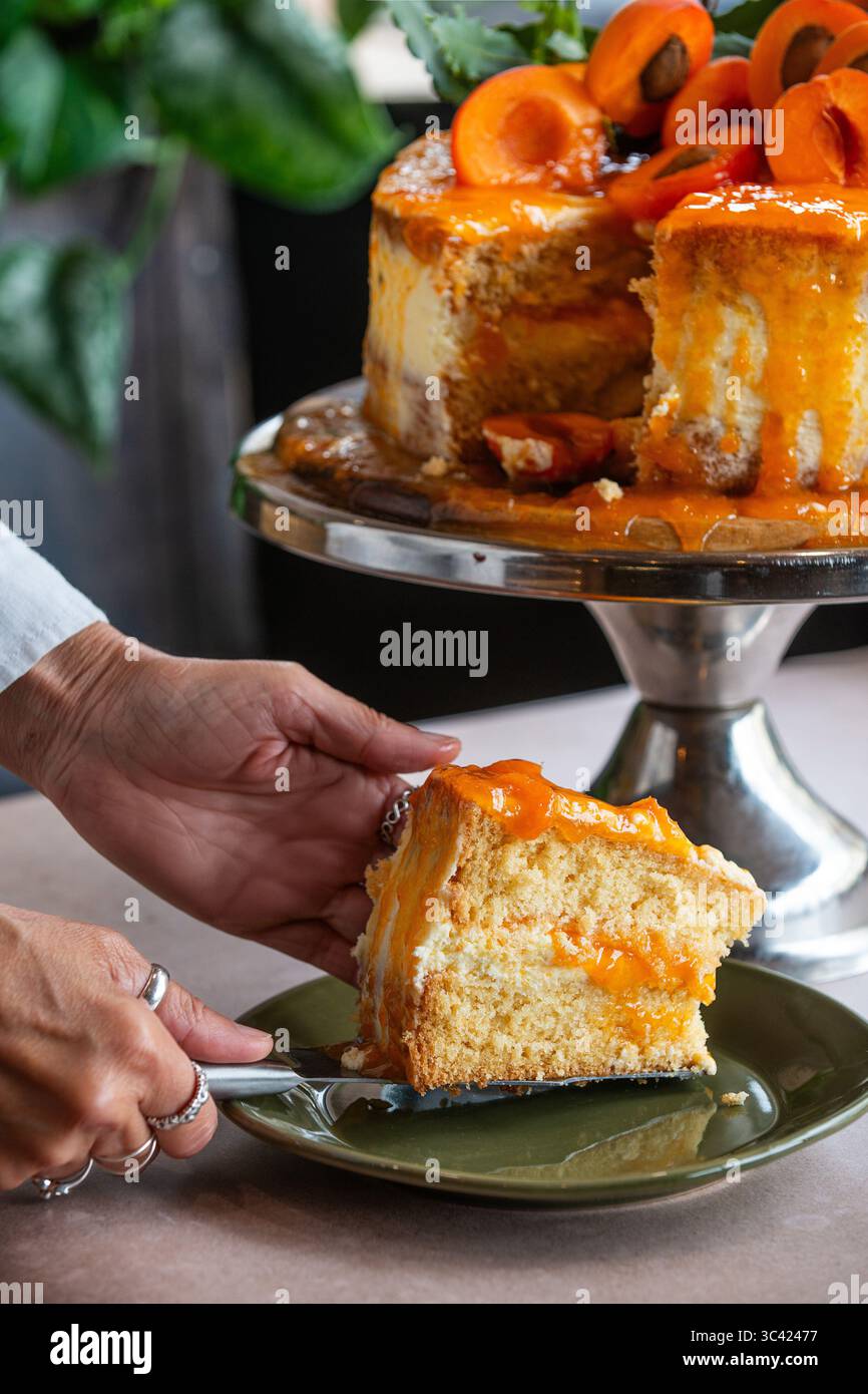 Uno shot ravvicinato di una deliziosa fetta di torta a strati di albicocca servita su un piatto verde. La torta è umida e soffice, ripiena e ricoperta di fresco Foto Stock