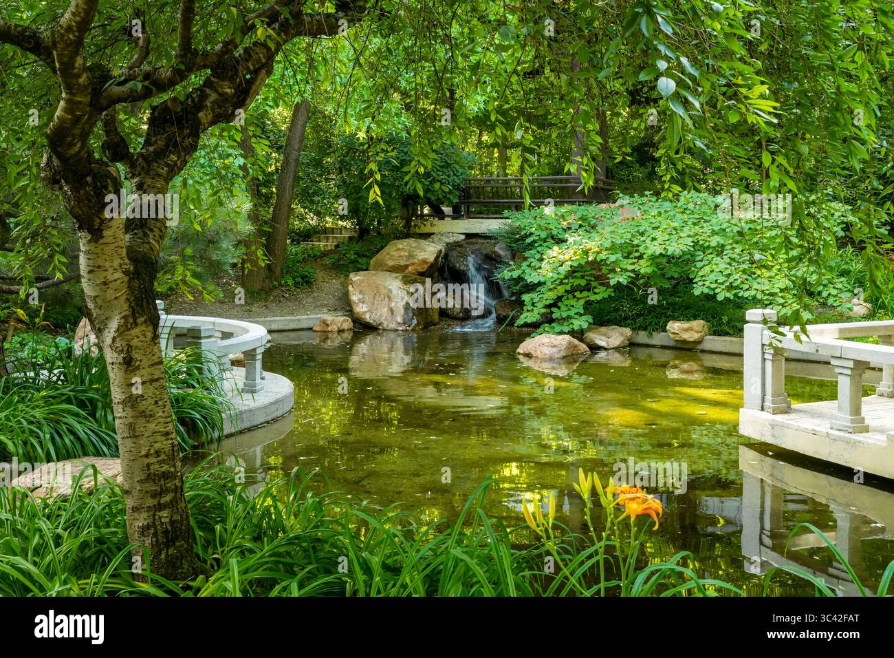 Il Giardino Cinese 'Giardino di fragranza e splendore' con Una piccola cascata nel Westpark di Monaco (Baviera, Germania). Foto Stock