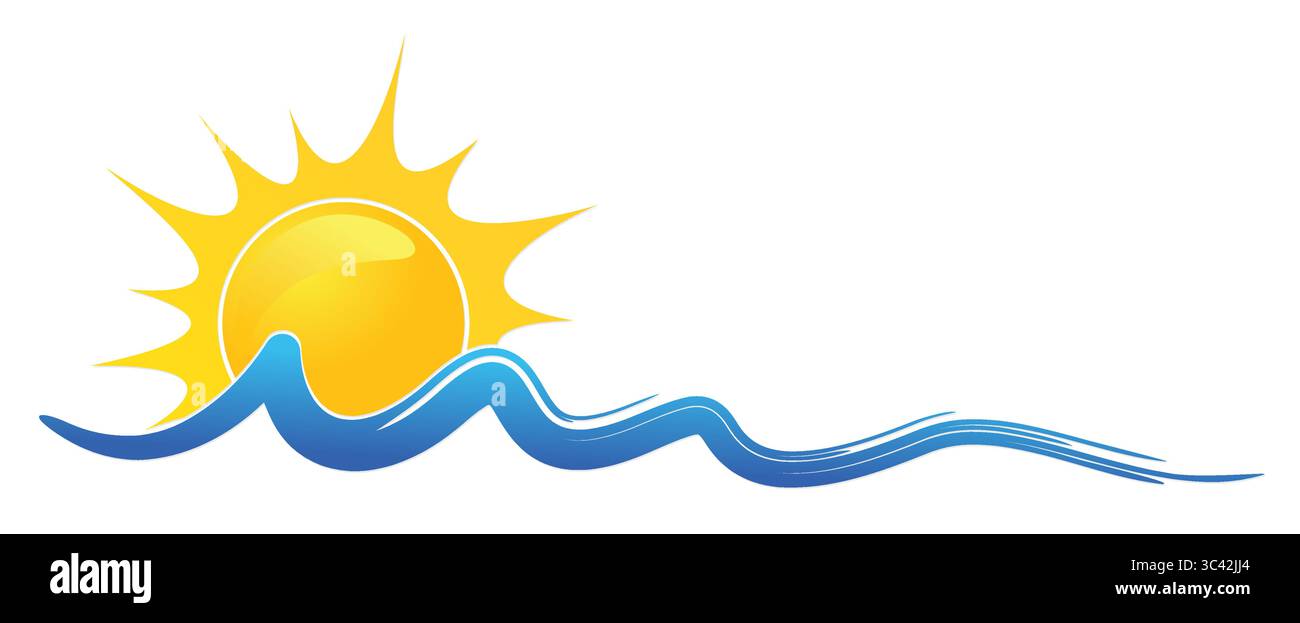 Logo del sole dell'alba con mare blu. Illustrazione Vettoriale