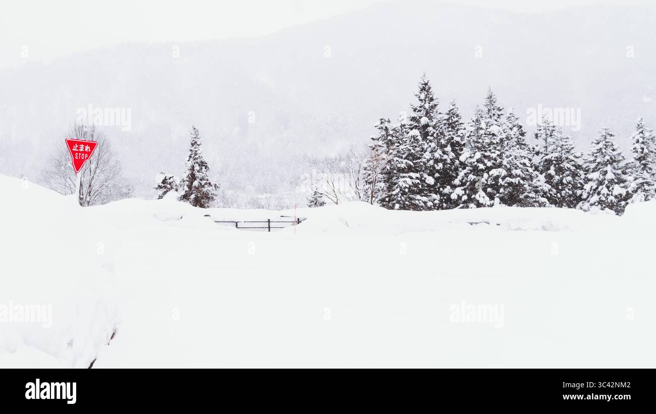 Shirakawa, Giappone - 22 febbraio 2025: Veduta di un tranquillo paesaggio carico di neve dove il segno rosso spicca contro l'infinita distesa di bianco, che racchiude la quiete di una giornata invernale. Foto Stock