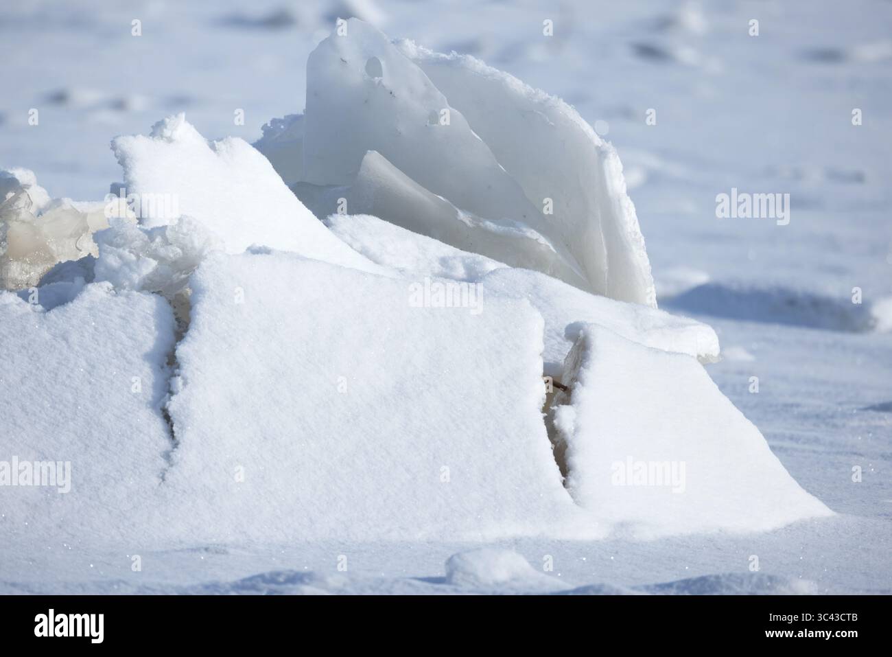 Una vista ravvicinata di un paesaggio ghiacciato che mostra formazioni di ghiaccio innevate incontaminate, trasuda la serena bellezza dell'inverno con le sue intricate texture Foto Stock
