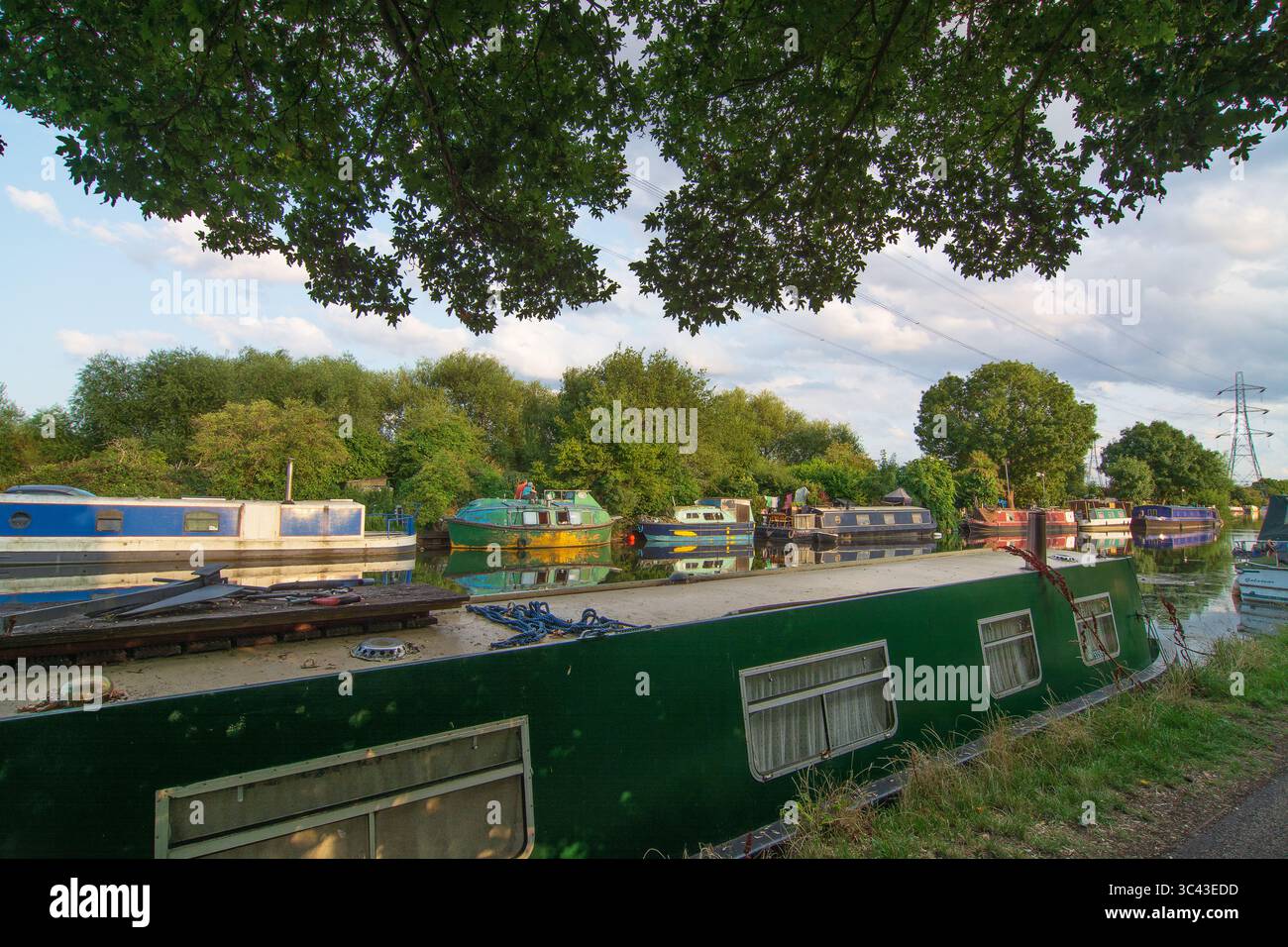 Vista delle barche sul canale Lee Valley in estate, Londra, Inghilterra, Regno Unito. Concetto per il tempo libero e stili di vita alternativi a Londra. Foto Stock