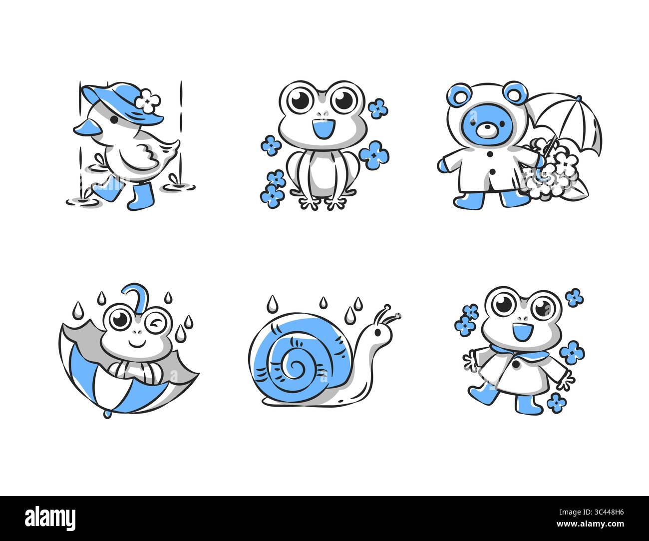 Collezione di icone disegnate a mano nella stagione delle piogge. Set 4 di 4. Illustrazione vettoriale. Illustrazione Vettoriale