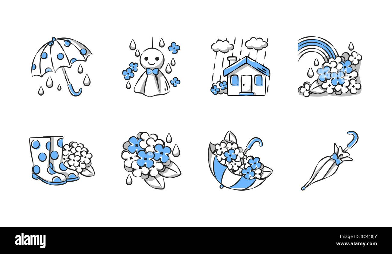 Collezione di icone disegnate a mano nella stagione delle piogge. Set 2 di 4. Illustrazione vettoriale. Illustrazione Vettoriale