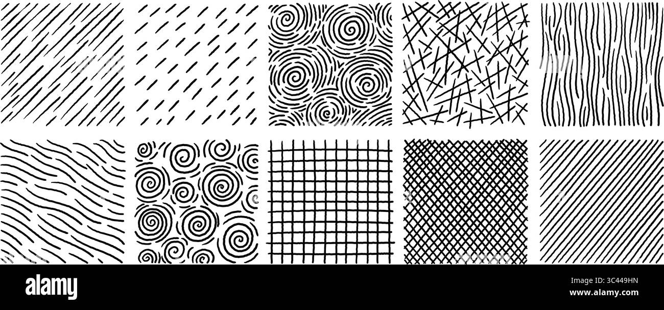 Set di trame astratte disegnate a mano, caratterizzate da striature e linee ruvide. Piastrelle quadrate in bianco e nero. Illustrazione vettoriale stock Illustrazione Vettoriale