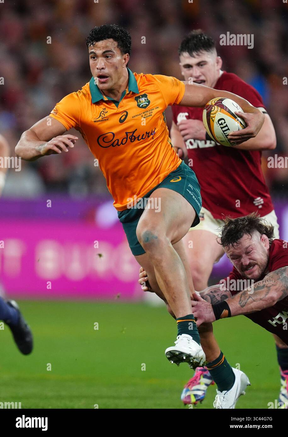 Joseph-Aukuso Suaalii australiano durante il Qatar Airways Lions Tour 2025, secondo test match al Melbourne Cricket Ground di Melbourne, Australia. Data foto: Sabato 26 luglio 2025. Foto Stock