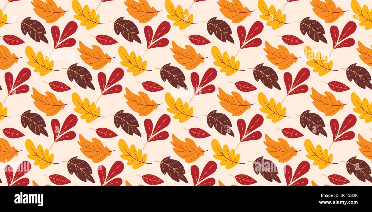 Foglie colorate che cadono senza cuciture. Accogliente sfondo verde autunnale. Stampa con foglie rosse, marroni, gialle e arancioni, grafica vettoriale Illustrazione Vettoriale