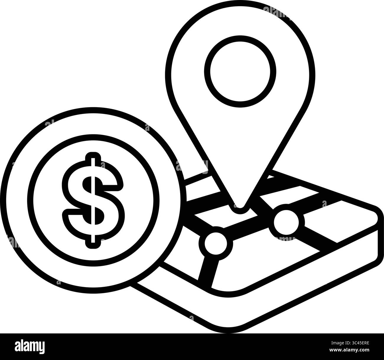 Il simbolo del dollaro e la mappa sono visualizzati su sfondo bianco. Il simbolo del dollaro si trova sul lato sinistro della mappa e la mappa si trova sul lato destro della sid Illustrazione Vettoriale