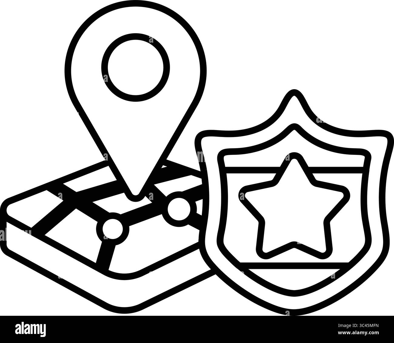 Una mappa con un distintivo della polizia. Il distintivo è sul lato destro della mappa Illustrazione Vettoriale