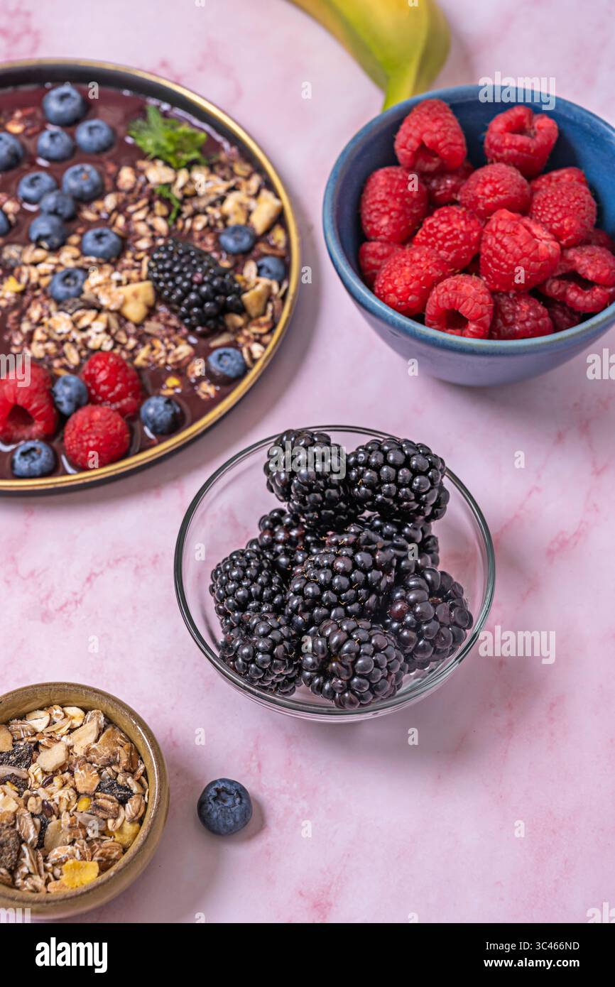 Piatto da dessert con mirtilli e salsa al cioccolato, creando un irresistibile contrasto di colori e sapori Foto Stock
