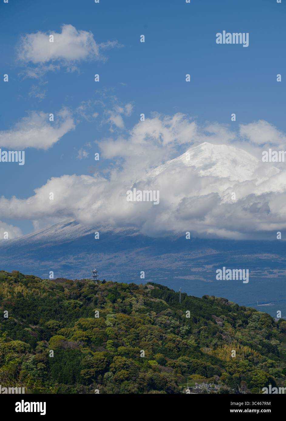 Il paesaggio cattura la convivenza pacifica della vita urbana e della natura nel Giappone rurale. In lontananza, l'iconico Monte Fuji sorge maestosamente, Shizuo Foto Stock