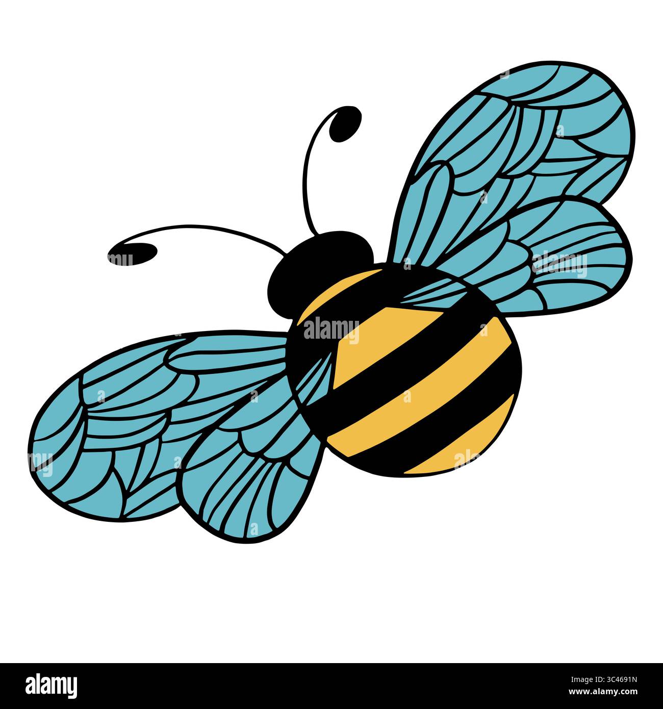 Una colorata illustrazione vettoriale di un'ape con ali blu e un corpo a righe giallo e nero. Le ali sono rifinite con un motivo che mostra un capriccio Illustrazione Vettoriale