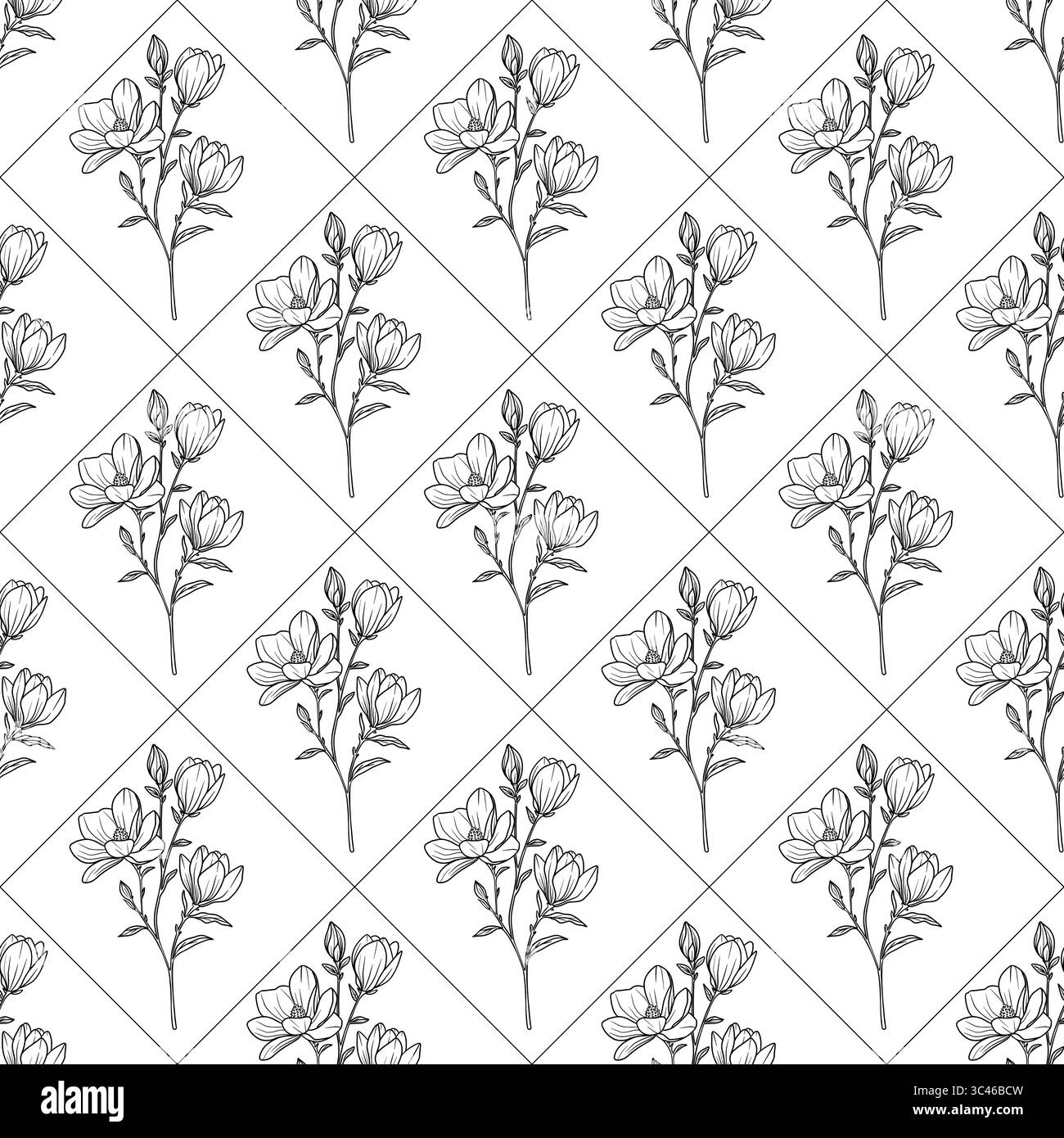 Un motivo vettoriale senza cuciture con illustrazioni floreali disegnate a mano, con delicati fiori e steli disposti in un layout a rombo su uno sfondo bianco Illustrazione Vettoriale