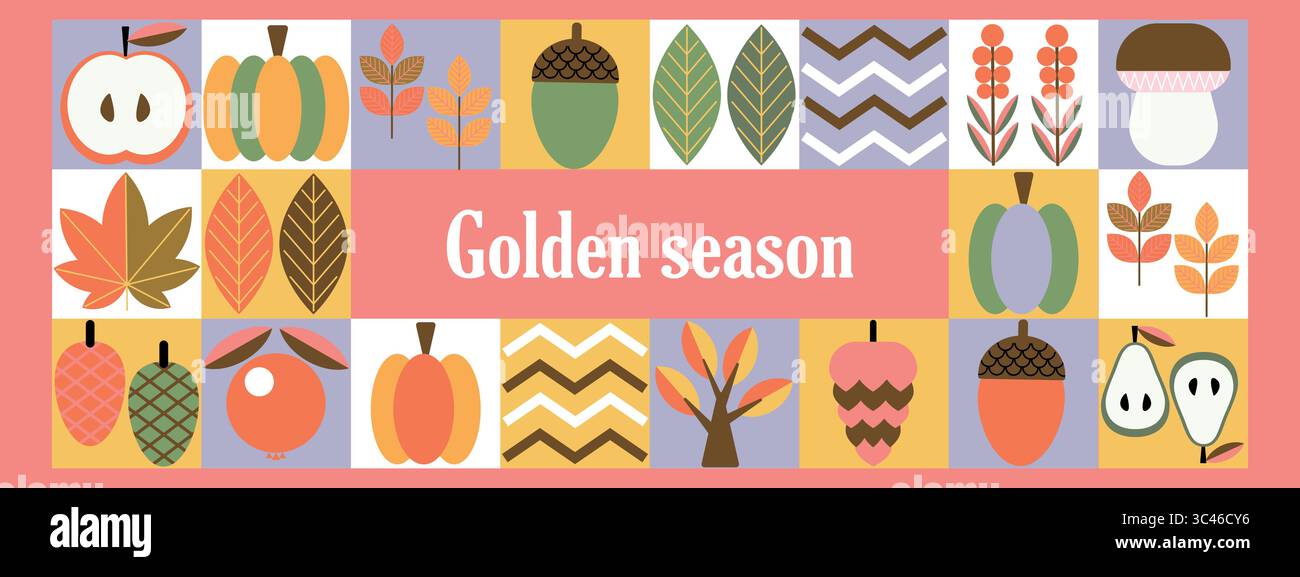 Collage Autunno Vibes Geometric Fall Harvest. Striscioni con elementi autunnali in stile Bauhaus. Design di poster autunnali. Illustrazione Vettoriale