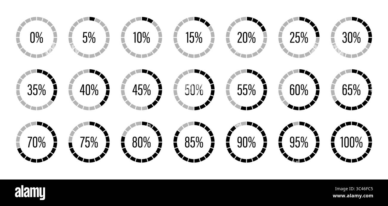 Icone dei diagrammi rotondi per infografiche da 0 a 100%. Elementi infografici percentuale. Indicatore grafico a torta diviso con riempimento grigio e nero Illustrazione Vettoriale