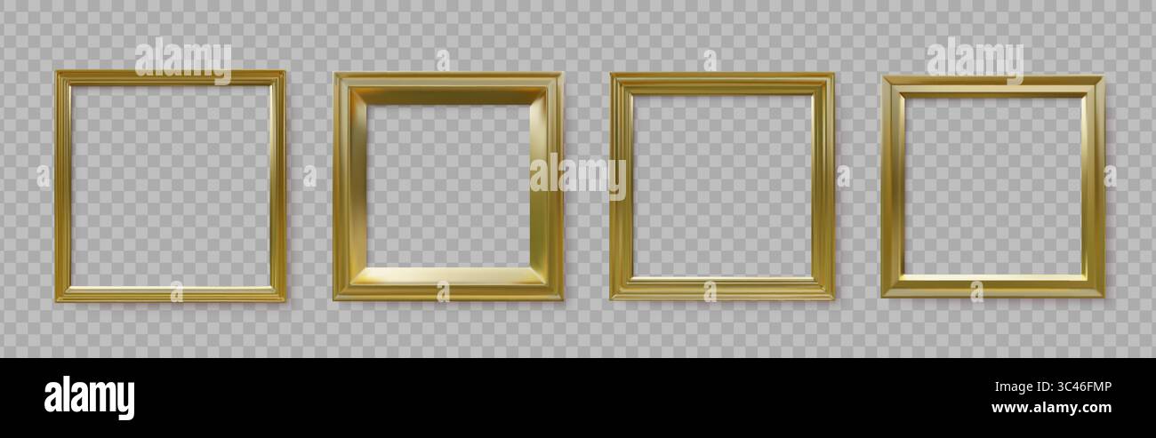 Cornici dorate. Cornice quadrata in legno dorato, foto d'epoca 3d d'epoca, spazio vuoto per immagini di opere d'arte rettangolari di gallerie o musei. Oggetti in stile classico per interni con pareti art. Set isolato realistico vettoriale Illustrazione Vettoriale