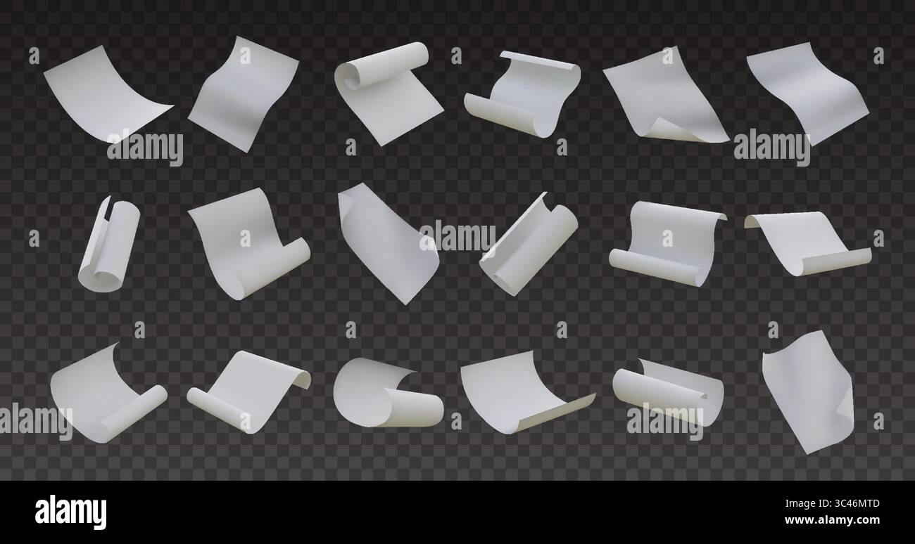 Mosca di carta. foglio di lettere 3d, pagina bianca del documento o nota della curva di caduta. Lima arricciata per soffiaggio in movimento dinamico, opuscolo a4 vista laterale diversa. Mockup vettoriale, elementi realistici isolati Illustrazione Vettoriale