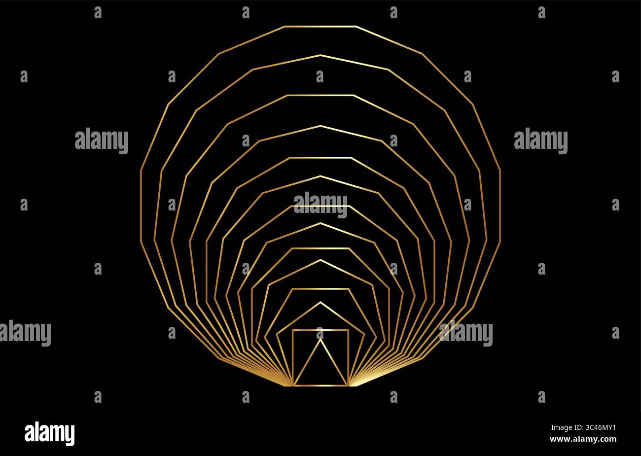 Geometria sacra, imposta l'icona del poligono d'oro nel rapporto dorato, simbolismo geometrico illustrazione vettoriale isolata su sfondo nero Illustrazione Vettoriale