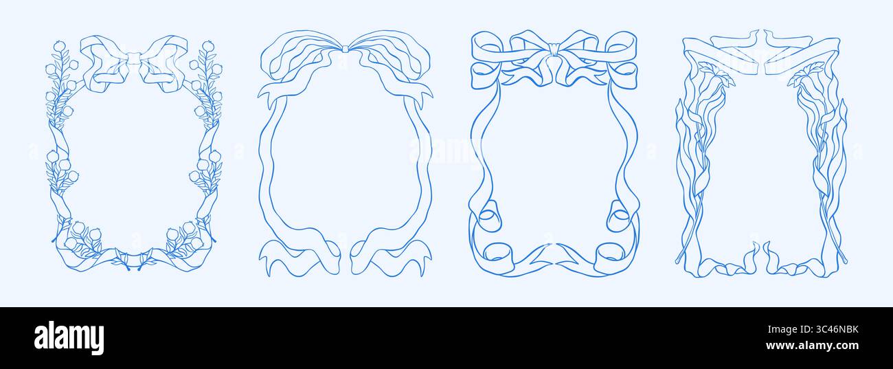Telaio di prua. Linea il bordo del nastro curva con fiori e foglie, elementi decorativi a vortice disegnati a mano per san valentino o per il compleanno. Amore carino ed elegante. Design delle carte da sposa. Set estetico vettoriale Illustrazione Vettoriale