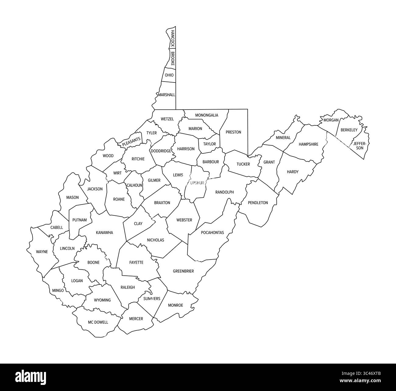 Stato della Virginia Occidentale, suddiviso in 55 contee, schema. Stato nelle regioni sud-orientali e medio-atlantiche degli Stati Uniti. Foto Stock