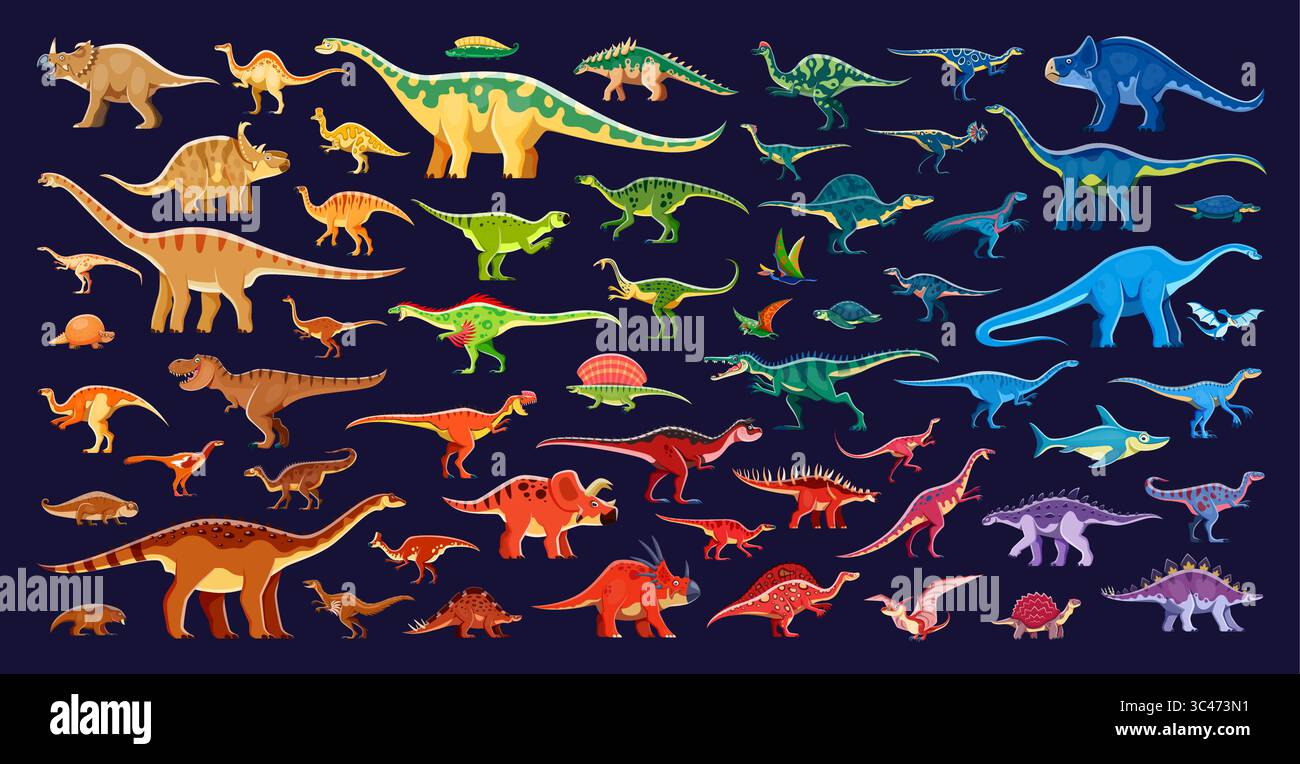 Infografiche sui dinosauri preistorici. Set di vettori di specie Dino. Cartoni animati antichi rettili dell'era giurassica. Carnivori terrestri, omnivori, erbivori, rettili marini e personaggi degli pterosauri Illustrazione Vettoriale