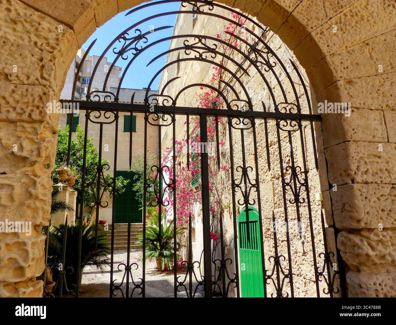 Bella porta di ferro ornata con pareti color sabbia e vista su un giardino mediterraneo con palme e fiori Foto Stock