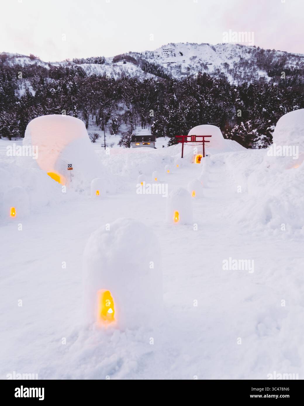 La vista delle cupole di neve scintillanti e di un cancello torii rosso si staglia contro la neve bianca e gli alberi scuri nel villaggio innevato di Kamakura, Nagano, Giappone. Foto Stock