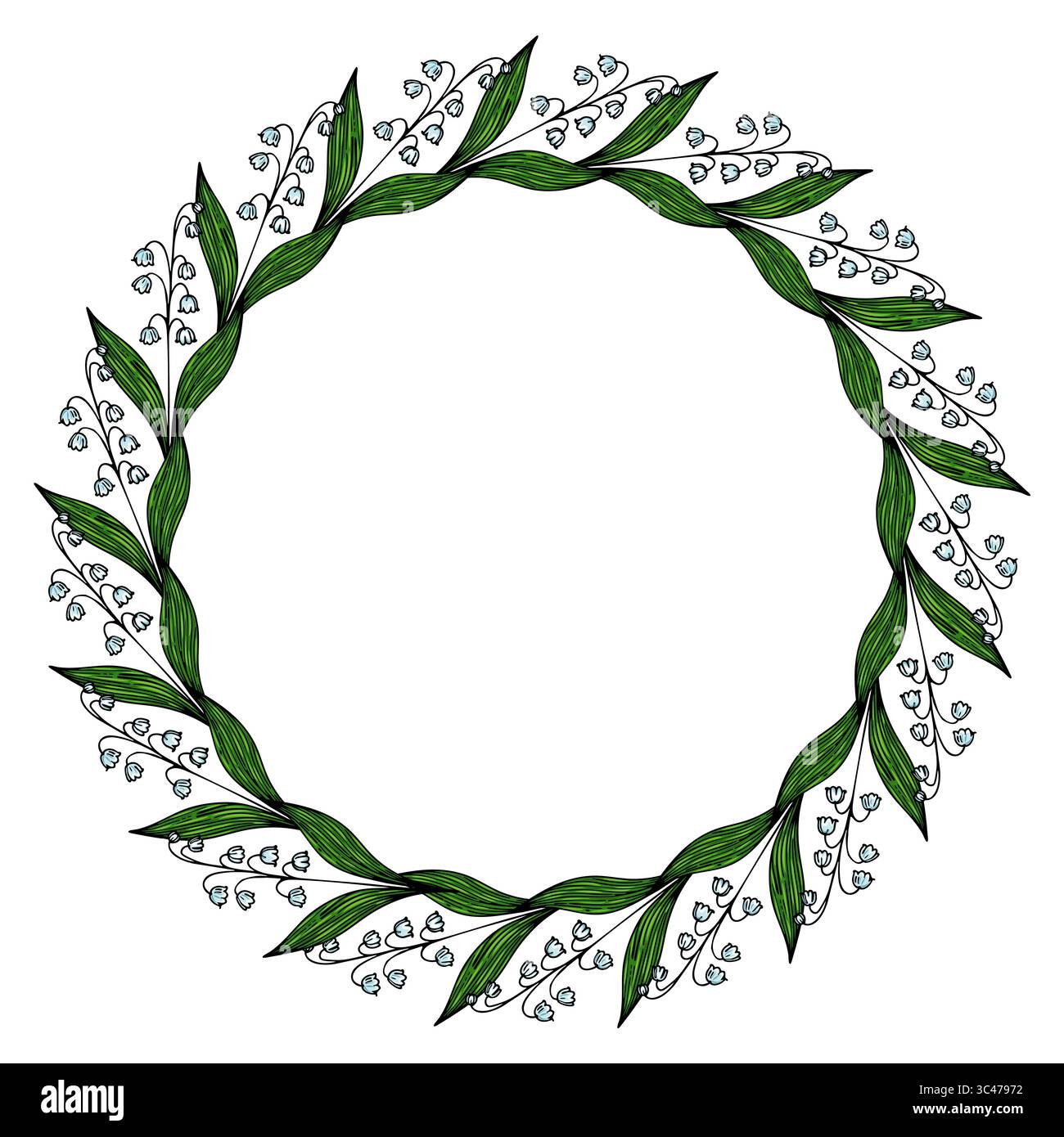 Una corona floreale circolare con foglie verdi e delicati fiori bianchi. La ghirlanda è dettagliatamente dettagliata, con una disposizione simmetrica Illustrazione Vettoriale