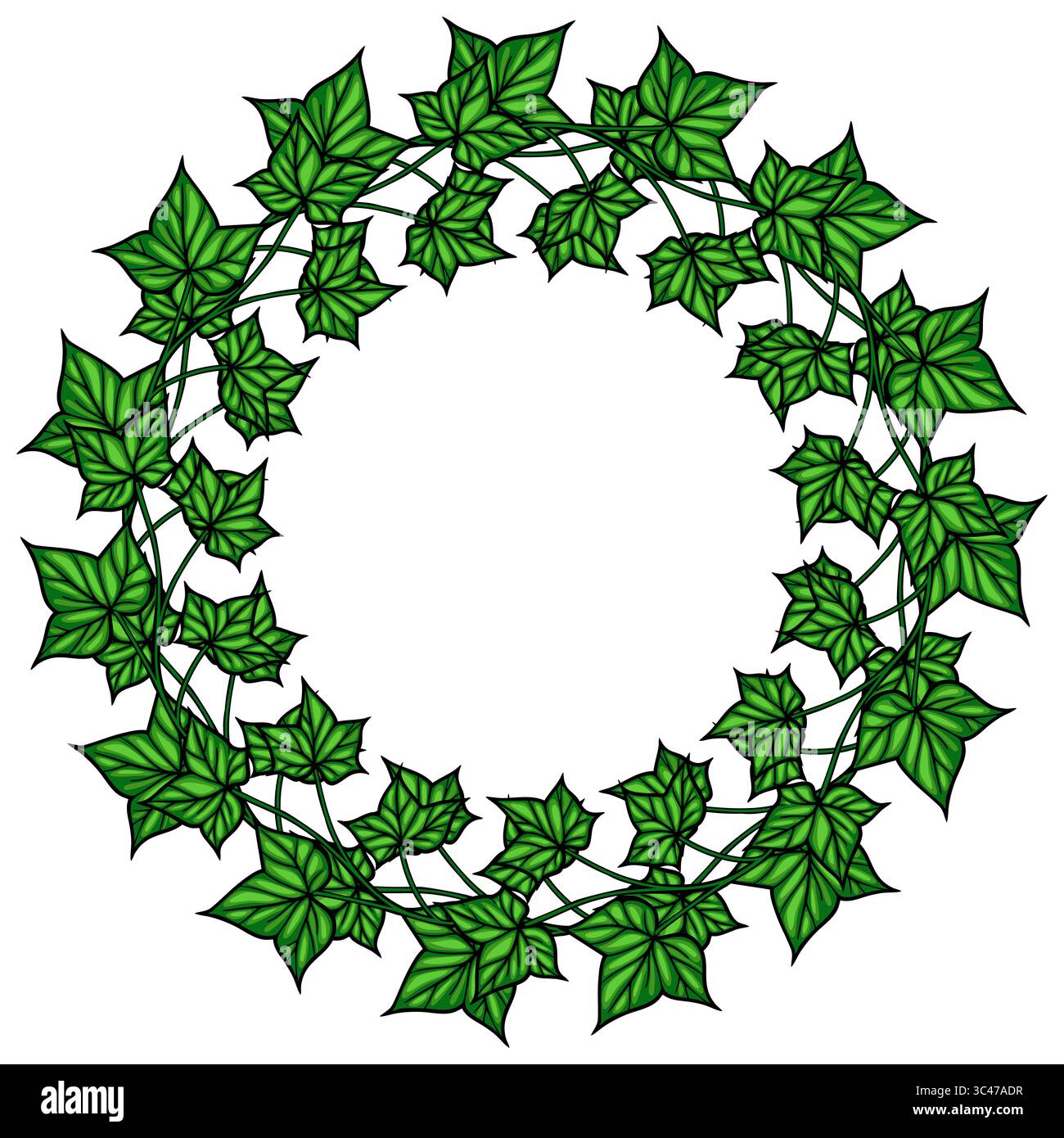 Una corona circolare in foglie di edera verde, caratterizzata da una varietà di forme e dimensioni delle foglie, su sfondo bianco. Illustrazione Vettoriale