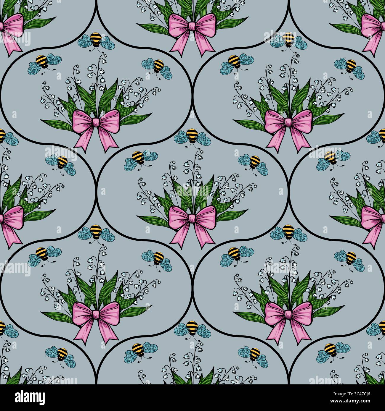 Un motivo vettoriale senza cuciture caratterizzato da mazzi con archi rosa, farfalle blu e api su sfondo azzurro. Il design è stravagante e colorato Illustrazione Vettoriale