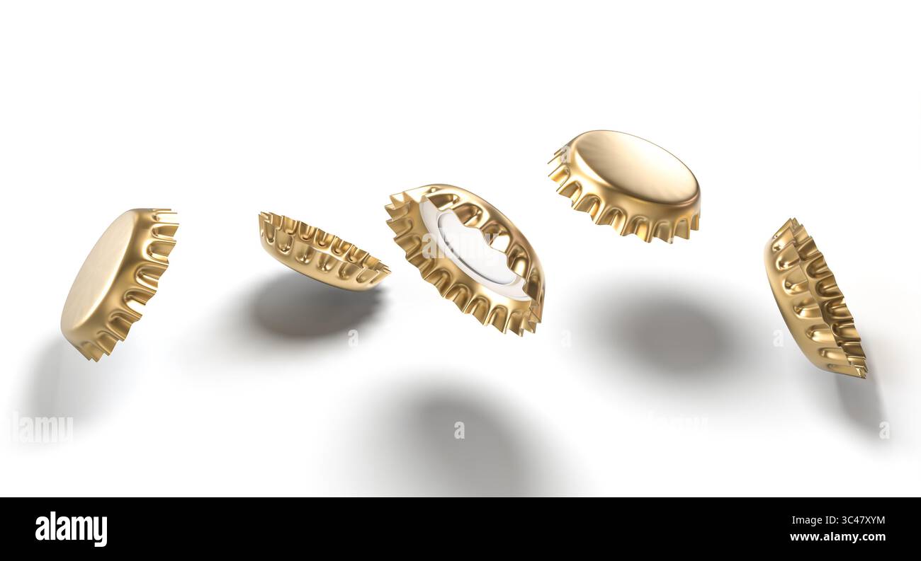 tappi per bottiglie dorati su sfondo bianco 3d. Foto Stock