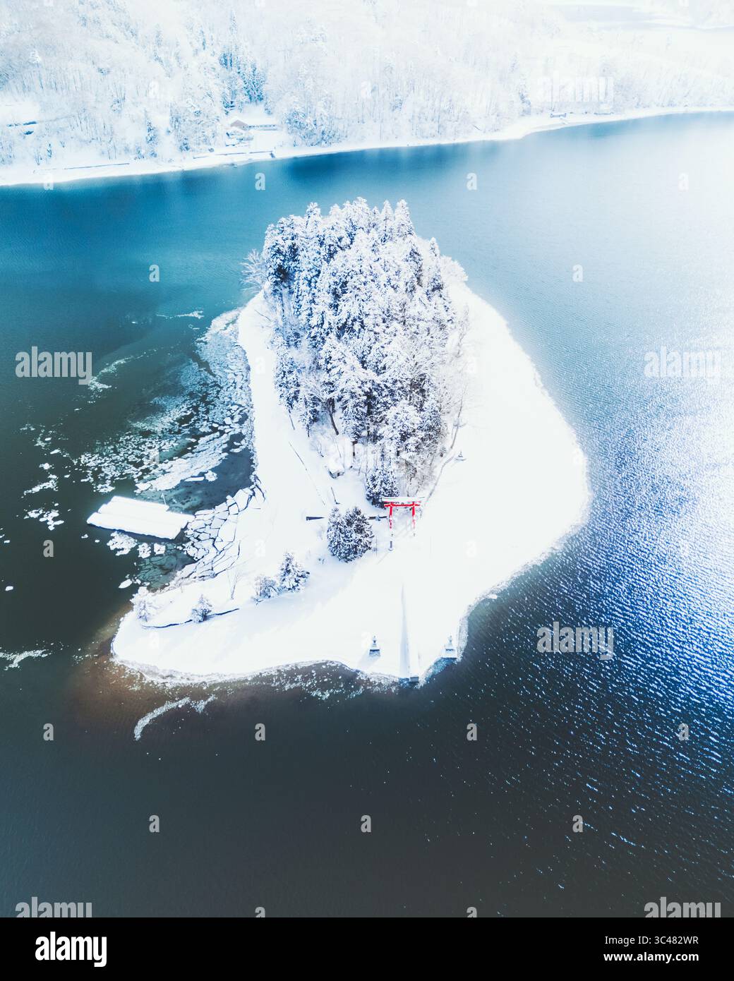 Vista aerea di un'isola innevata con un cancello torii rosso tra le acque scure e riflettenti del lago Nojiri, Shinano, Nagano, Giappone. Foto Stock