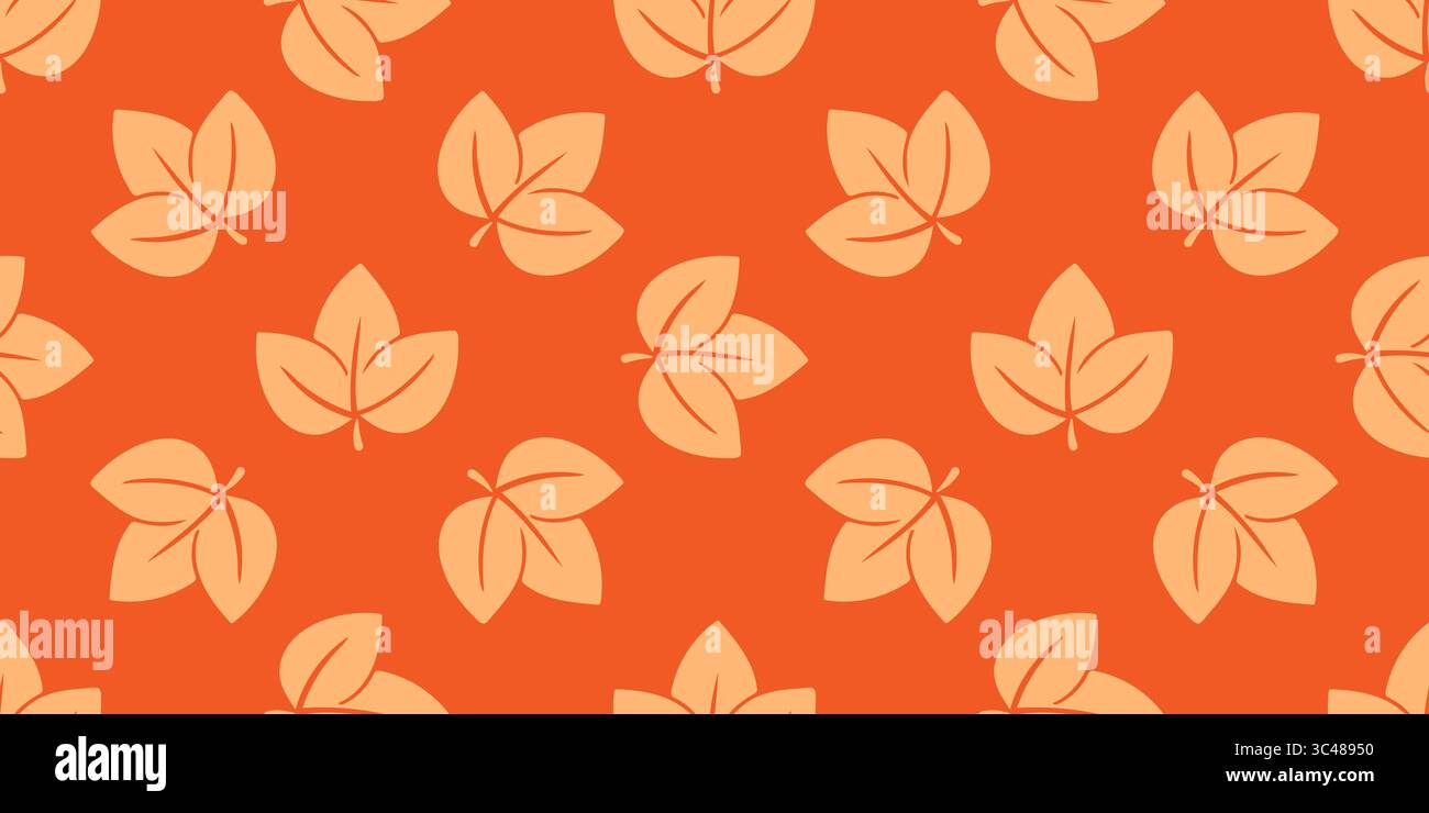 Semplice stampa autunnale con foglie gialle su sfondo arancione. Colorato motivo a foglie autunnali senza cuciture. Riempimento continuo per tessuti, carta, design, vec Illustrazione Vettoriale
