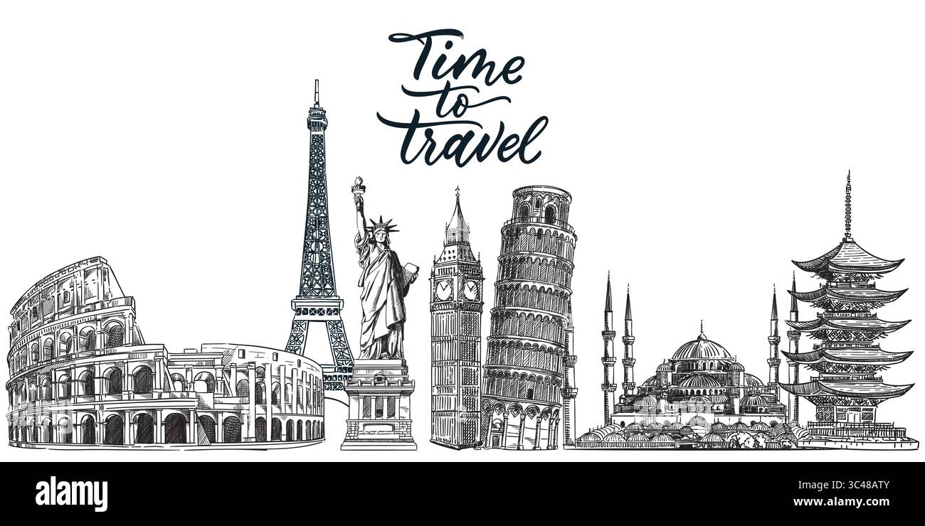 Concetto di viaggio, turismo e vacanza. Illustrazione vettoriale disegnata a mano di famosi punti di riferimento del viaggio. Banner, poster, mappe, elementi di design per souvenir Illustrazione Vettoriale