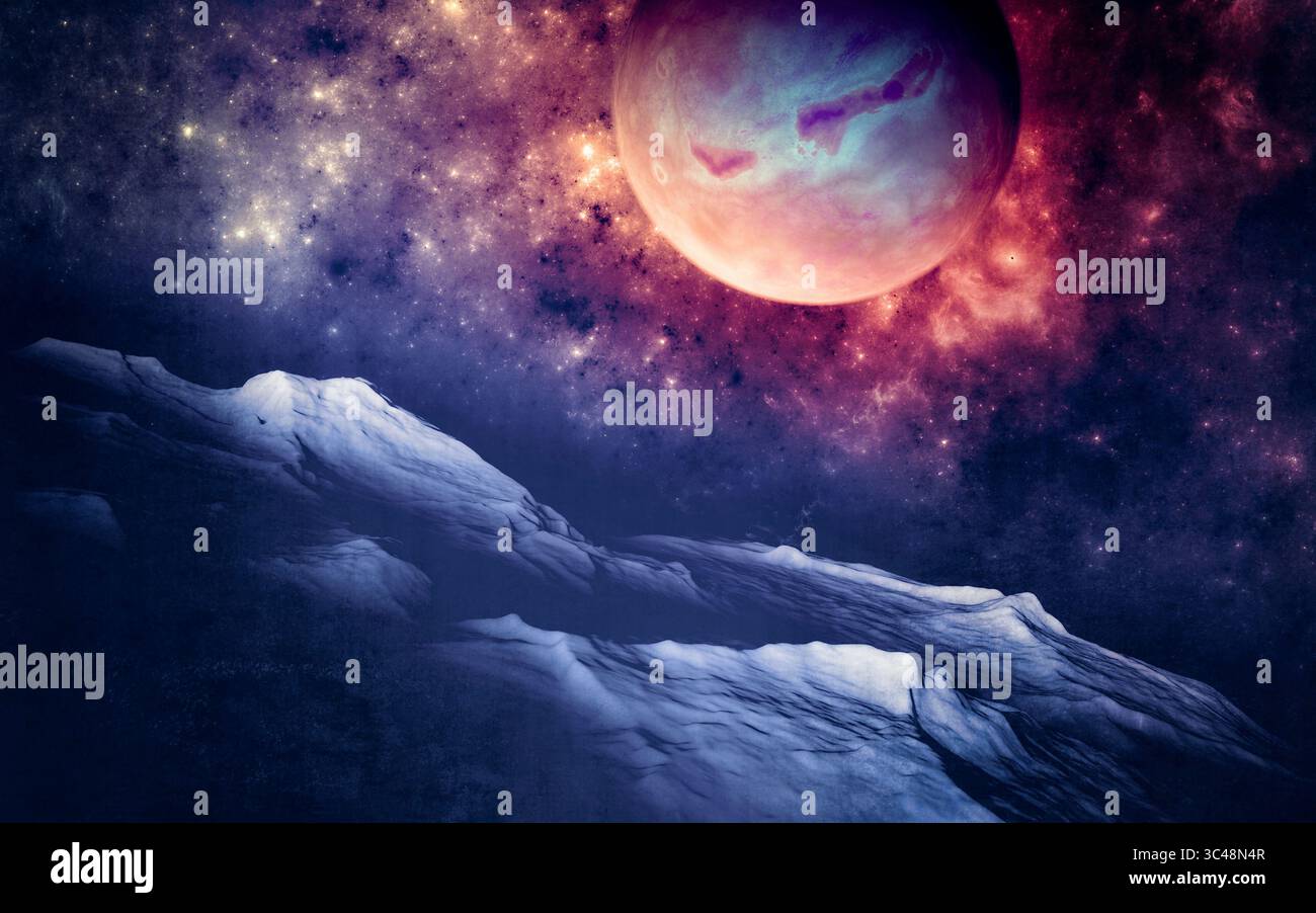 Pianeti ed esopianeti di galassie inesplorate. Fantascienza. Nuovi mondi da scoprire. Colonizzazione ed esplorazione di nebulose e galassie Foto Stock