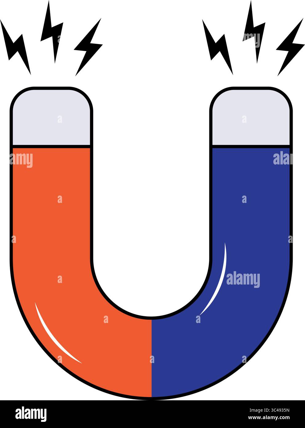 Magnete a ferro di cavallo colorato con illustrazione vettoriale delle scintille elettriche. Ogni polo è sormontato da scintille elettriche che simboleggiano l'energia e l'energia magnetica. Illustrazione Vettoriale
