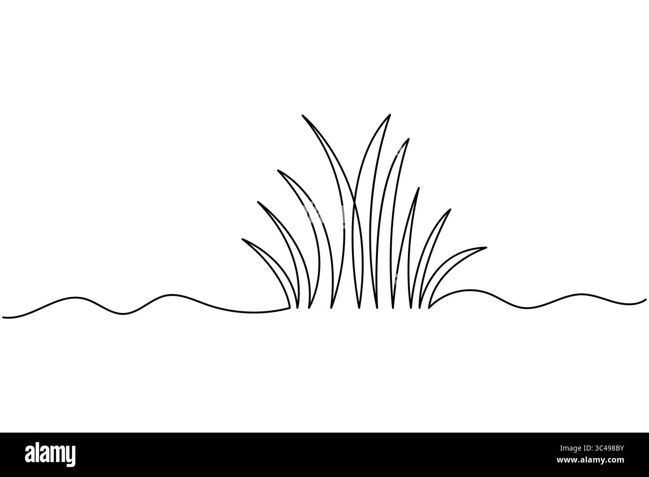 Disegno continuo su una linea di prato astratto con erba e fiore di camomilla su sfondo bianco Illustrazione Vettoriale