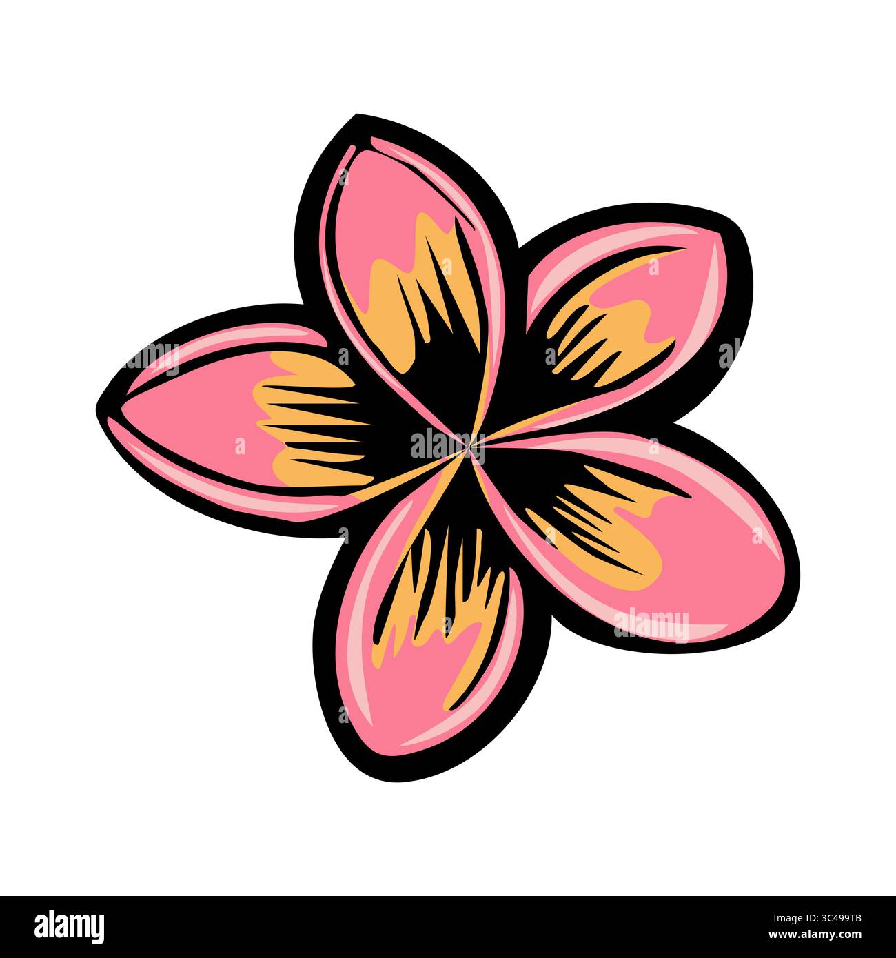 Illustrazione stilizzata di un fiore rosa plumeria con contorni neri e dettagli gialli nei petali. Il fiore ha cinque petali disposti simmetrica Illustrazione Vettoriale