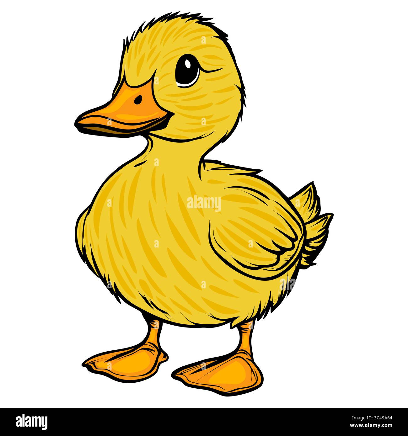 Un grazioso anatroccolo giallo vettoriale in stile cartoni animati con un corpo rotondo, piume soffici e un'espressione allegra. L'anatroccolo si erge in posizione verticale con le sue ali Illustrazione Vettoriale