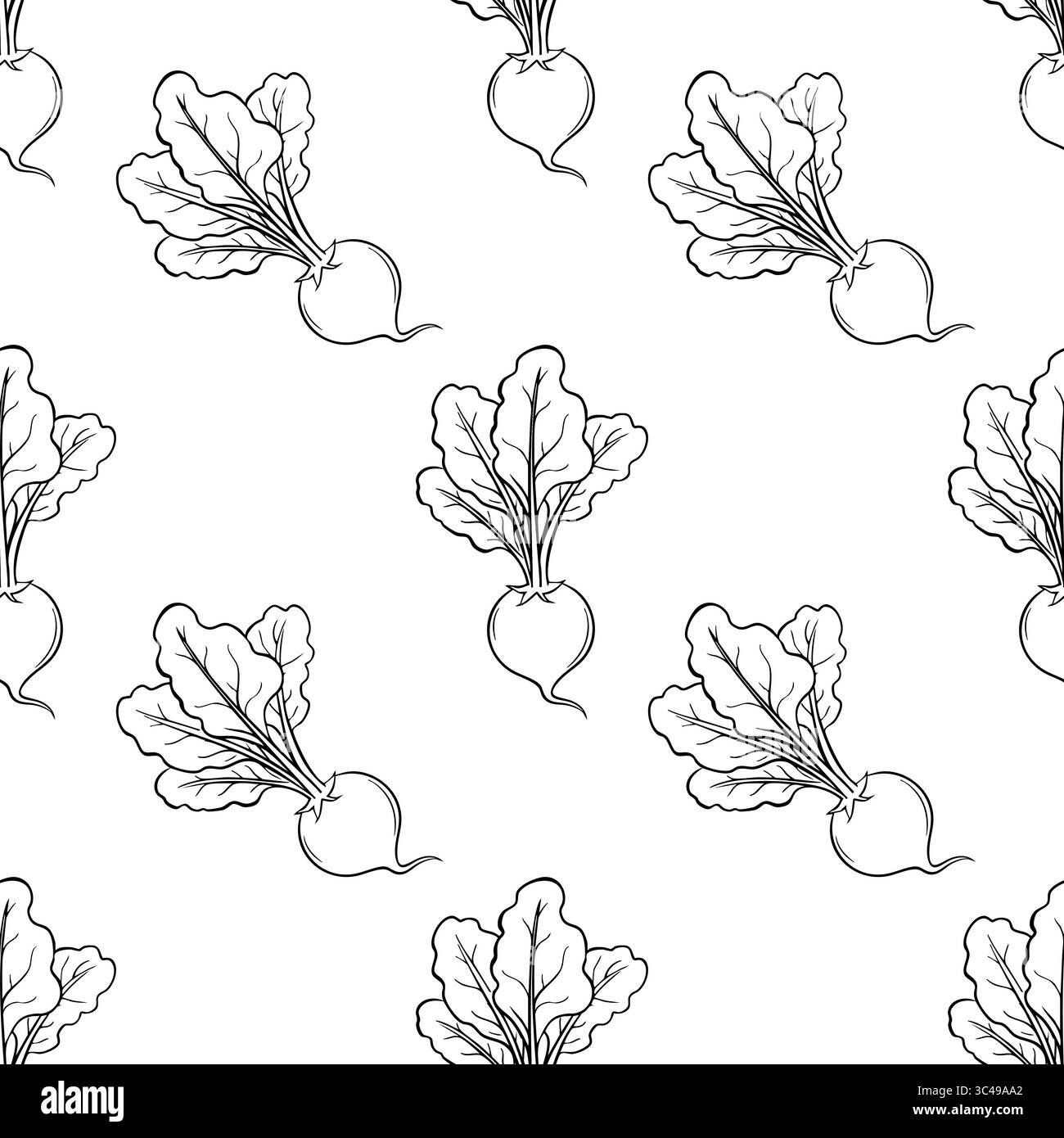 Un motivo vettoriale senza cuciture caratterizzato da barbabietole disegnate a mano con verde verde foglia su sfondo bianco. Il design è semplice ed elegante, adatto per varie a Illustrazione Vettoriale