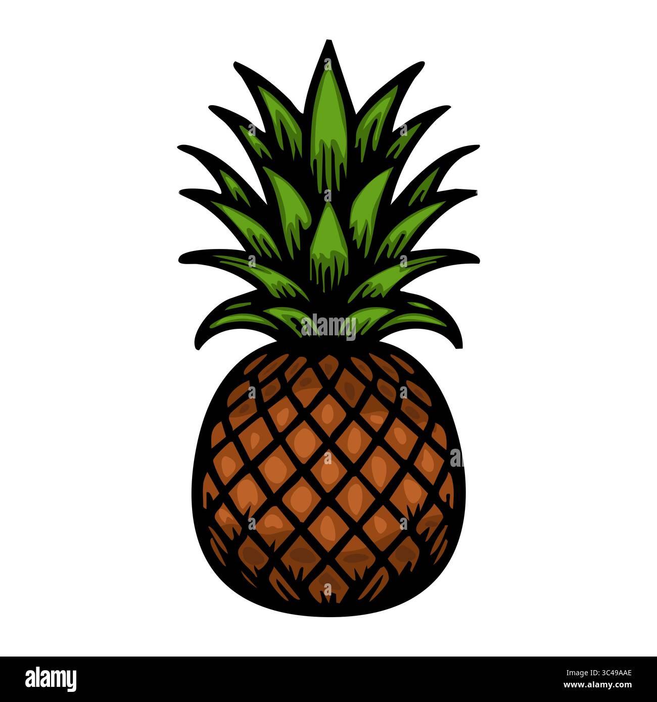 Illustrazione vettoriale stilizzata di un ananas con corpo marrone testurizzato e foglie verdi vivaci sulla parte superiore. Illustrazione Vettoriale