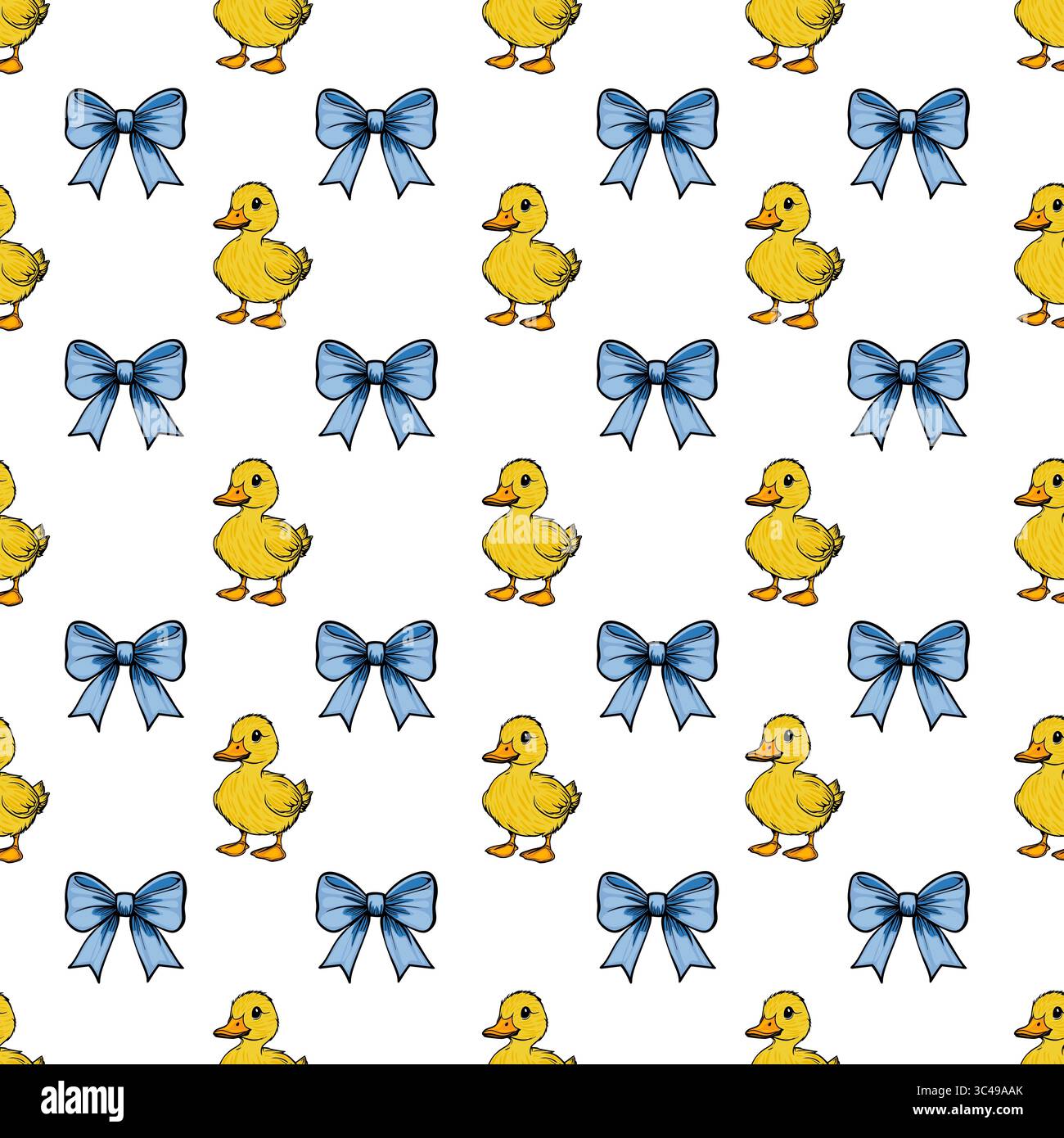 Un motivo a ripetizione vettoriale con graziose anatre gialle e fiocchi blu su sfondo bianco. Le anatre sono cartoni animati e allegre, mentre i fiocchi aggiungono Illustrazione Vettoriale