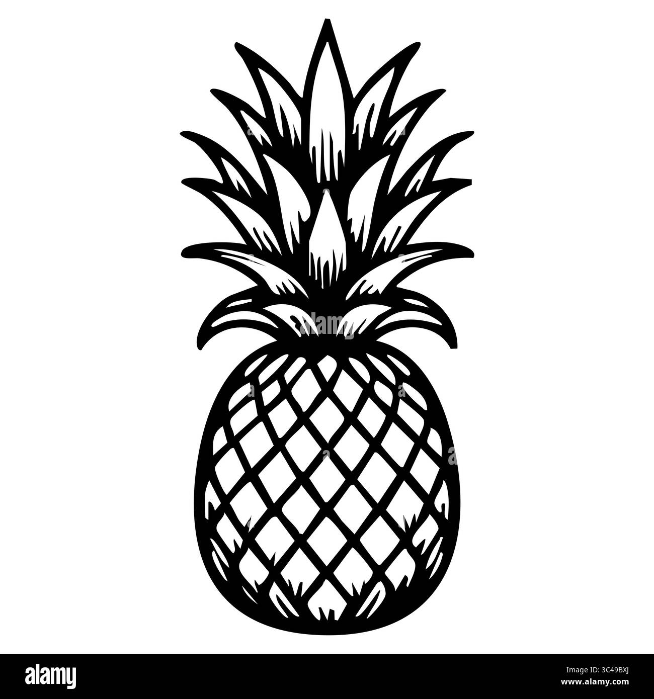 Un'illustrazione vettoriale in bianco e nero di un ananas, che mostra le sue foglie appuntite e la pelle ruvida. Illustrazione Vettoriale