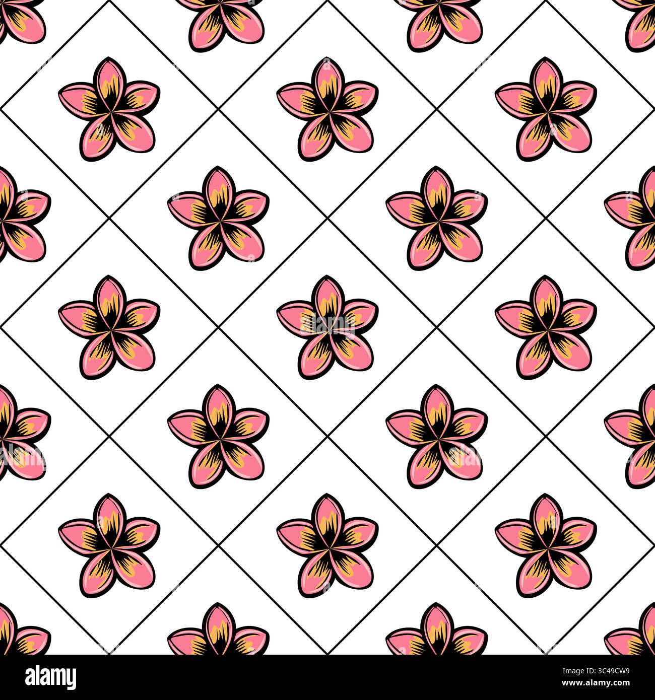 Un motivo vettoriale senza cuciture caratterizzato da fiori rosa e gialli disposti in una griglia di diamanti su sfondo bianco. I fiori hanno contorni neri, creatina Illustrazione Vettoriale