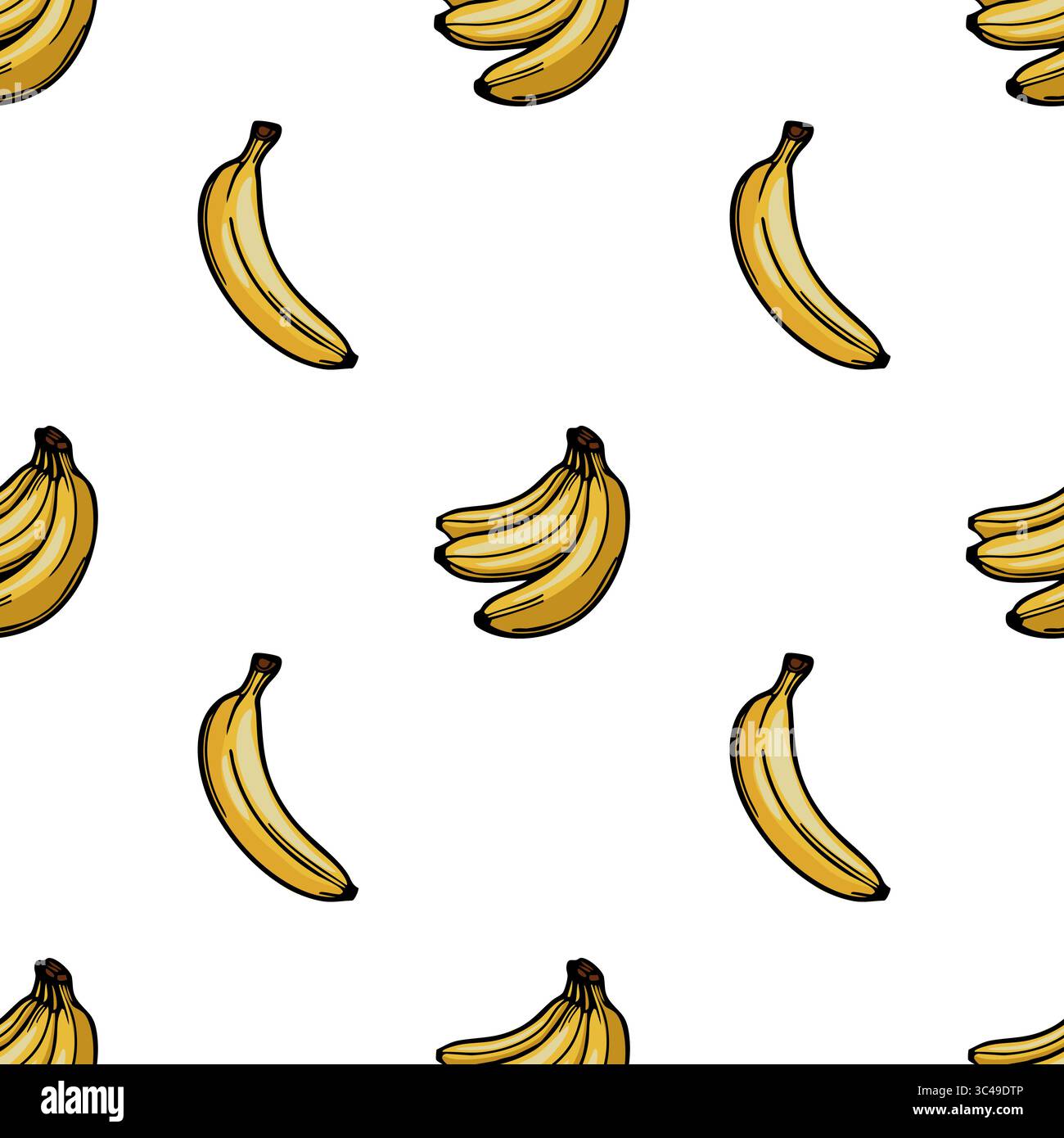 Un motivo vettoriale senza cuciture con varie illustrazioni di banane su sfondo bianco. Le banane sono raffigurate in diversi orientamenti, showca Illustrazione Vettoriale
