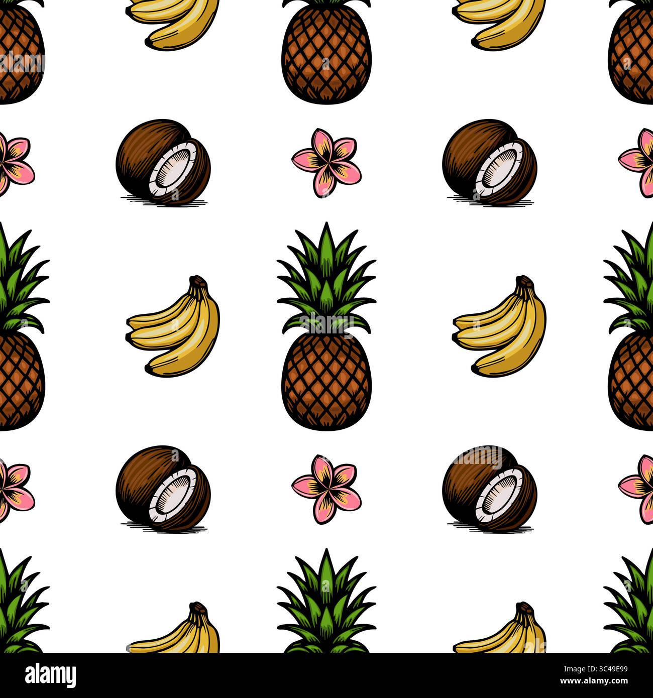 Un vivace motivo tropicale vettoriale con ananas, banane, noci di cocco e fiori rosa plumeria su sfondo bianco. Perfetto per l'estate Illustrazione Vettoriale