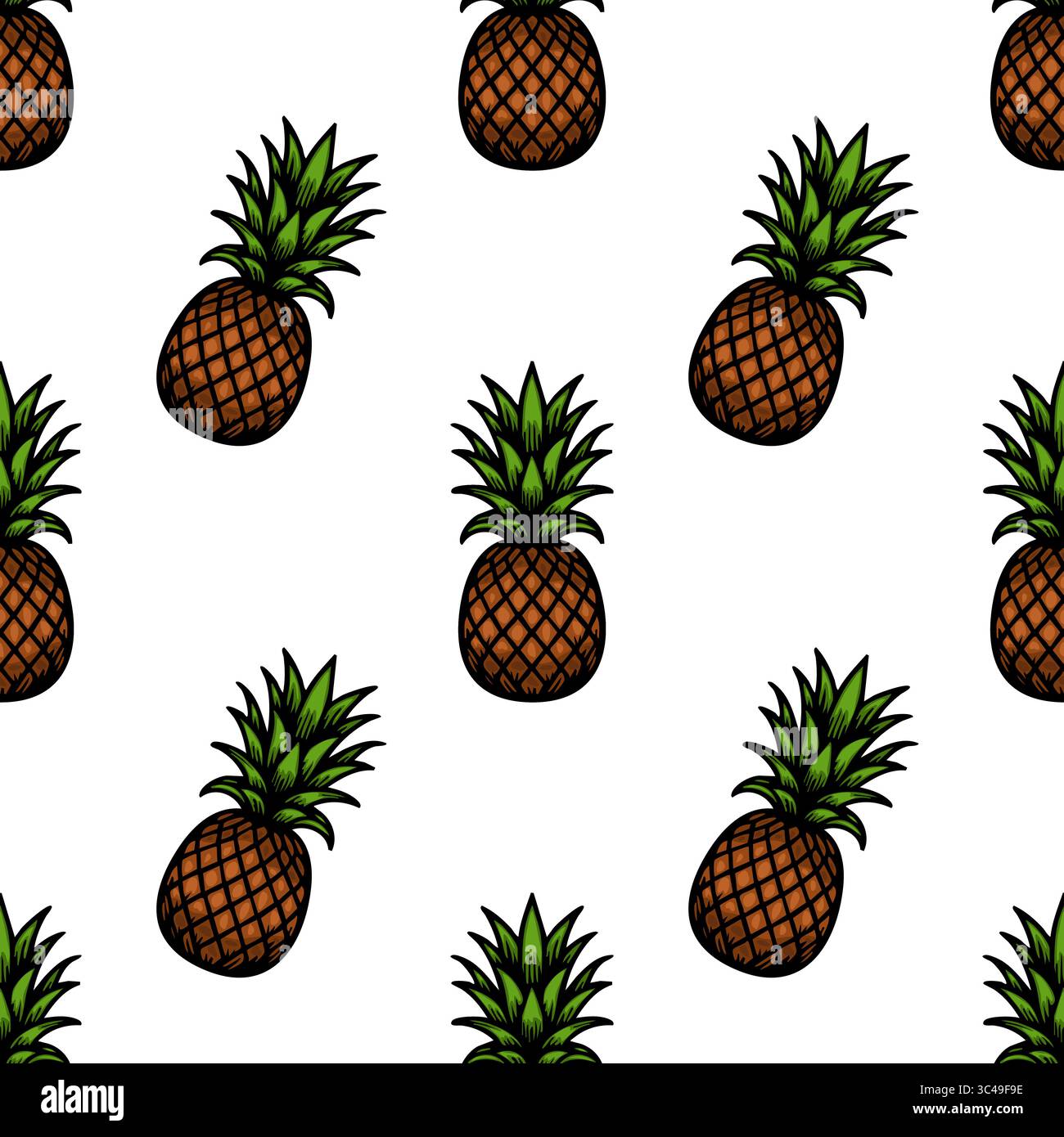 Un motivo vettoriale senza cuciture con ananas in stile cartoni animati con foglie verdi su sfondo bianco. Illustrazione Vettoriale